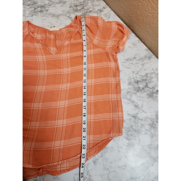 A.n.a. A New Approach Womens Orange Plaid Short Sleeve V-Neck Blouse Size Medium - Picture 6 of 6